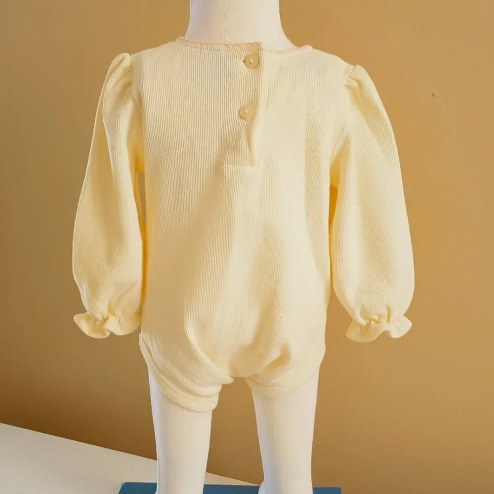 Scooters Yellow Embroidered Knit Romper 6-9m Long Sleeve Pink Flowers